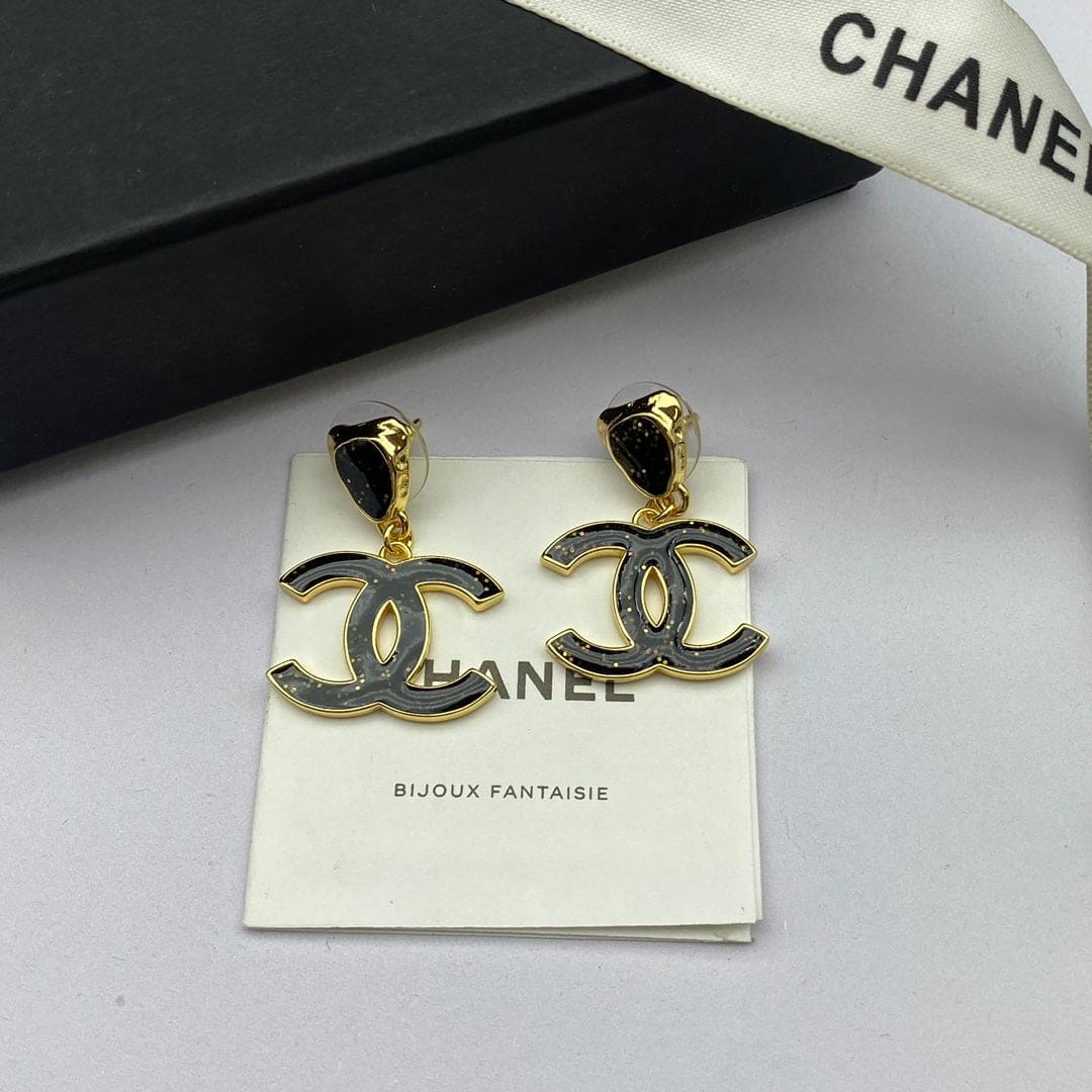 18K  Chanel Classic Black Dangle Earrings