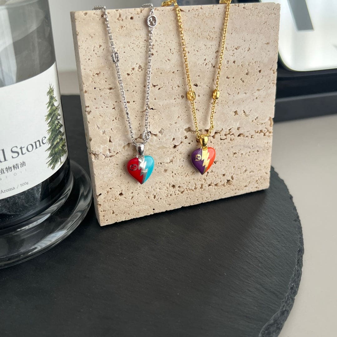 Double Gucci Interlocking Gucci Heart Lightning Charm Necklace