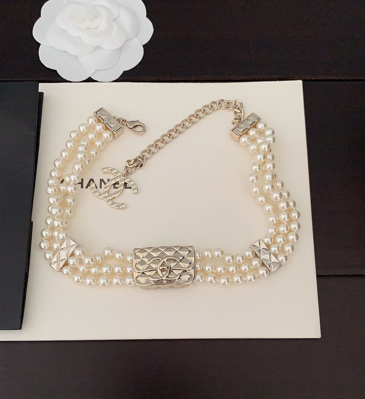 18K  Chanel Bag Pearls Chain Necklace