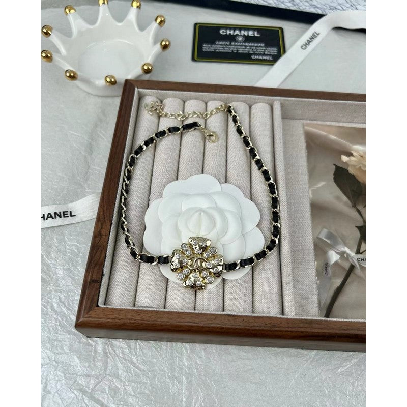 18K  Chanel Black Leather Flower Necklace