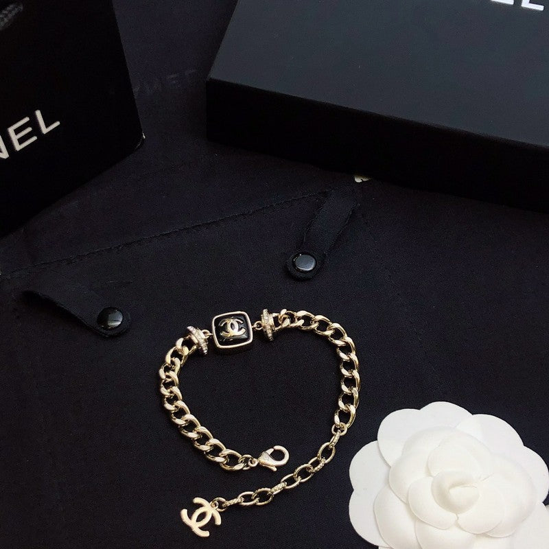 18K  Chanel Black Logo Gold Chain Necklace
