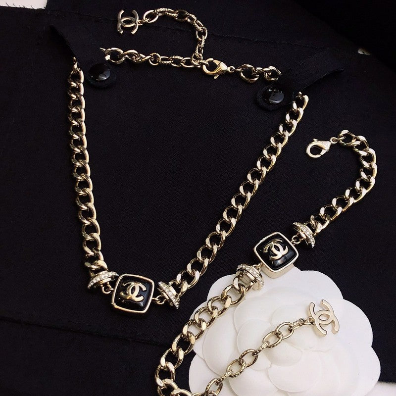 18K  Chanel Black Logo Gold Chain Necklace